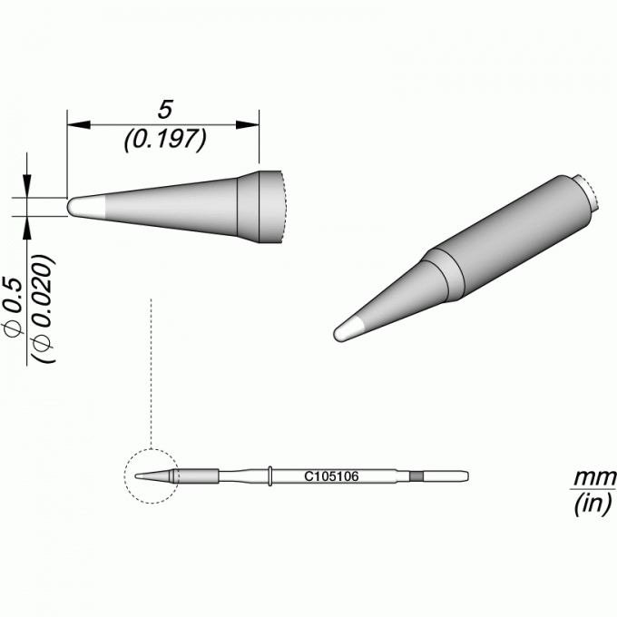 Паяльное жало коническое прямое JBC C105 для NT105 Nano и NP105 Nano ⌀0.5 × 5 мм 12A000091