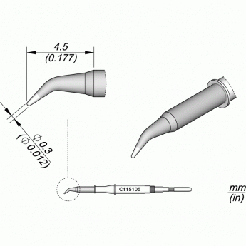 Жало коническое изогнутое JBC C115 для NT115, NP115, AN115 ⌀0.3 × 4,5 мм 12A000107