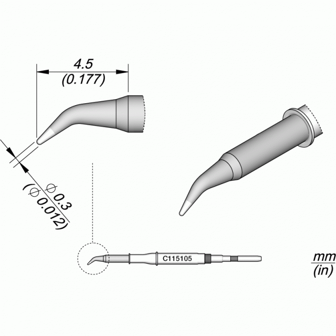 Жало коническое изогнутое JBC C115 для NT115, NP115, AN115 ⌀0.3 × 4,5 мм 12A000107