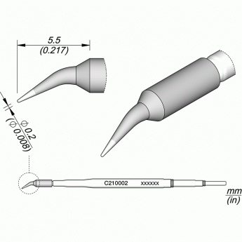 Паяльное жало JBC C210 коническое изогнутое ⌀0.2 × 5,5 мм 12A000149