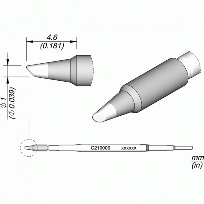 Паяльное жало JBC C210 коническое со скосом ⌀1 × 4,6 мм 12A000153