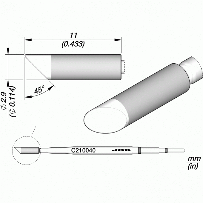 Жало коническое со скосом JBC C210 ⌀2.9 × 11 мм 12A000182