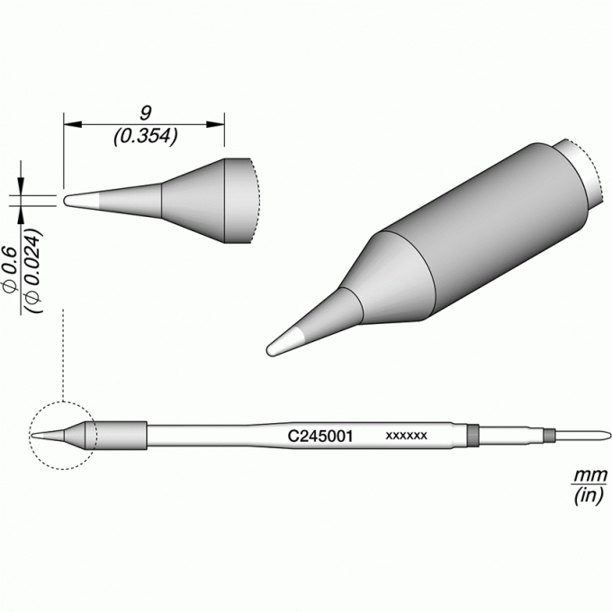 Жало для паяльника JBC C245 прямое коническое ⌀0.6 × 9 мм 12A000183