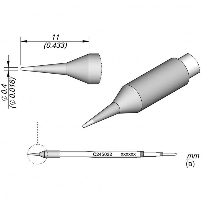 Жало коническое прямое JBC C245 для паяльников T245G, T245, T245P, T245N, ⌀0.4×11 мм 12A000192