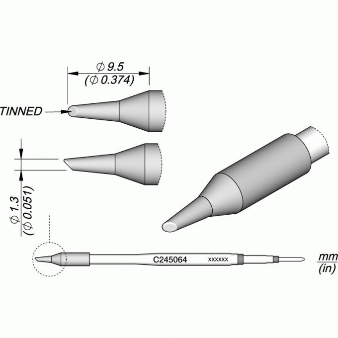 Паяльное жало JBC C245 коническое со скосом ⌀1.3 × 9,5 мм 12A000201