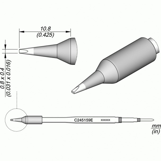 Жало JBC C245E клиновидное прямое 0.8x0.4x10.8 мм 12A000225