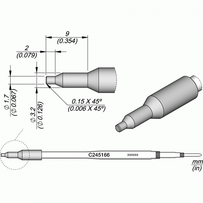 Паяльный наконечник JBC C245 прямой конический ⌀1.7 мм для T245G, T245, T245P, T245N 12A000229