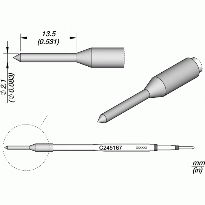 Паяльный наконечник JBC C245 прямой конический ⌀2.1 × 13.5мм 12A000230