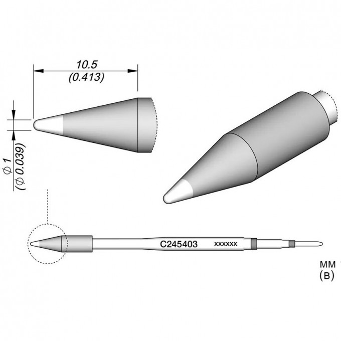 Жало коническое прямое JBC C245 с рабочей частью ⌀1.0 × 10.5 мм 12A000252