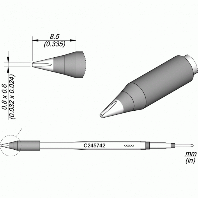 Жало для паяльника JBC C245 прямое зубило 0.8x0.6x8.5 мм 12A000274