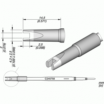 Жало для паяльника JBC C245 для распайки микросхем, прямое с выемкой, 2x14.5 мм 12A000284