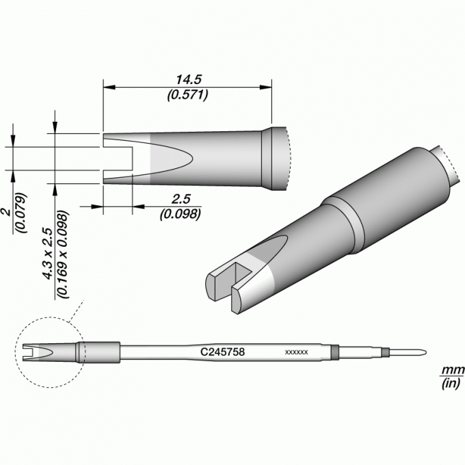 Жало для паяльника JBC C245 для распайки микросхем, прямое с выемкой, 2x14.5 мм 12A000284