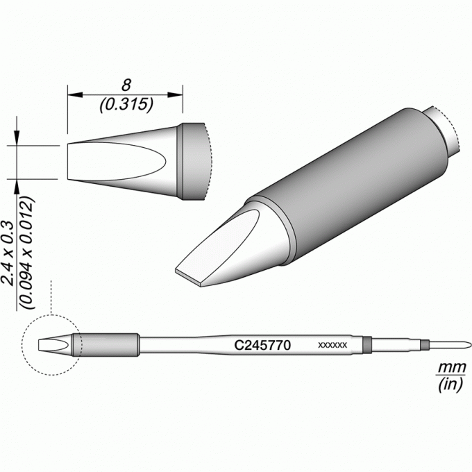 Жало JBC C245 прямое зубило для паяльников T245G, T245, T245P, T245N, ⌀2.4 × 0.3× 8 мм 12A000294