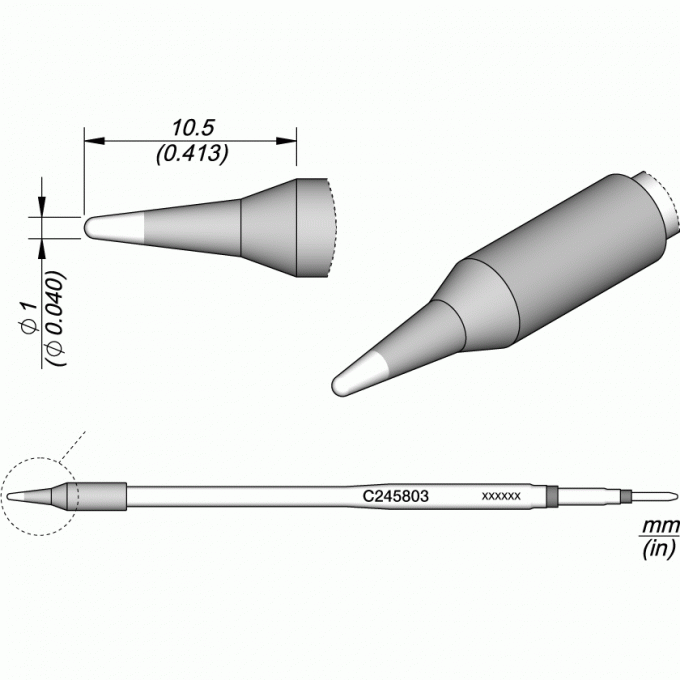 Жало коническое прямое JBC C245 для паяльников T245G, T245, T245P, T245N, ⌀1×10.5 мм 12A000314