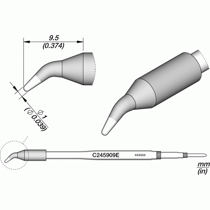 Жало для паяльника JBC C245E коническое изогнутое Ø1x9.5 мм 12A000325