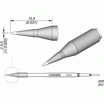 Жало для паяльника JBC C245 прямое коническое ⌀0.5 ×13.5 мм 12A000331