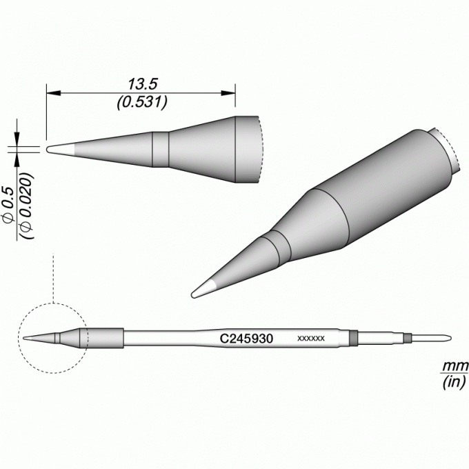Жало для паяльника JBC C245 прямое коническое ⌀0.5 ×13.5 мм 12A000331