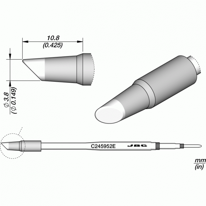 Жало JBC C245E коническое со скосом Ø3.8x10.8 мм 12A000346