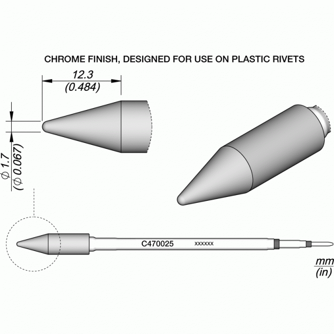 Жало коническое прямое для термофиксации JBC C470 ⌀1.7 x 12.3 мм 12A000399