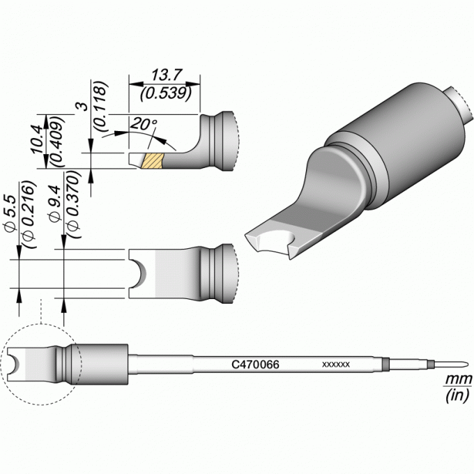 Жало JBC C470 сложной формы Pin/Connector 9.4x13.7 мм 12A000436