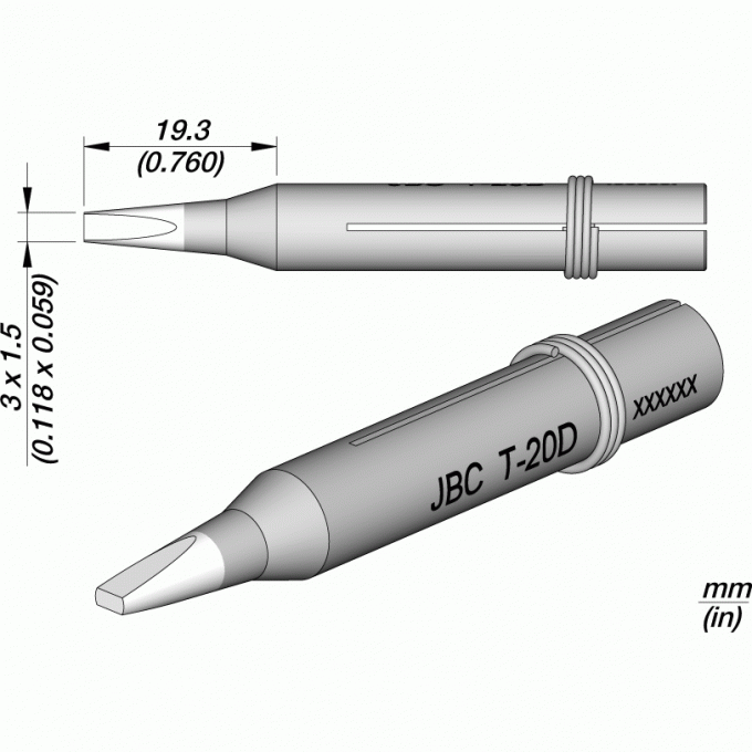 Жало клиновидное прямое JBC Iron Tips для сетевых паяльников 30ST, 40ST, SL2020, IN2100 3x1.5x19.3 мм 12A000703