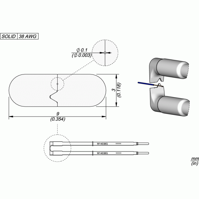 Наконечник для термозачистки проводов JBC W140 плоский с отверстием Ø 0.10 мм 12A000769